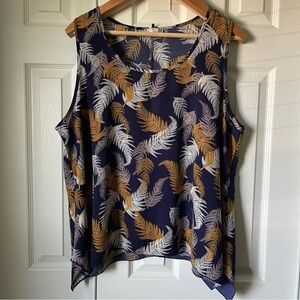 Klaxons Plus Size 3XLNavy Blue Feather Print Chiffon Tank Top Sharkbite Hem Boho
